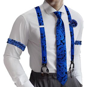 Barry.Wang Men's Suspender Elastic X Back Tie Sets 1.38" 4 Heavy Duty Clips Adjustable Armband Brooch Wedding Party