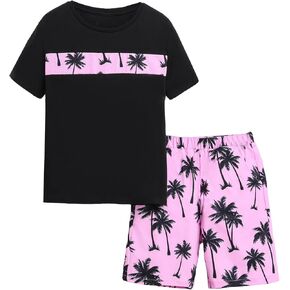 Verdusa Boy's 2 Piece Outfit Summer Color Block Short Sleeve Tee and Shorts Set
