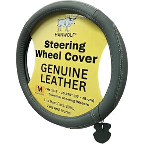 Leather Car Steering Wheel Cover, Light Gray, 15 inch, for Men and Women, Real, Universal, Stretch On, Heat Resistant, Stays Cool, Non-Slip, HANWOLF