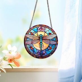 Dragonfly Acrylic Window Hangings Retro Stained Window & Wall Decor with Chain for Indoor/Outdoor, Ideal Housewarming Gift, Home Decor for Mom Grandma Wife Teacher Insects Lover