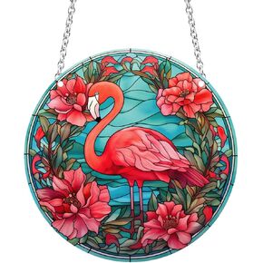 Ykendz Flamingo Acrylic Window Hangings, 11.8in Yard Ornament Acrylic Wall Stained Panels Decor Window Art Decor for Bedroom Office Garden Kitchen (Flamingo)