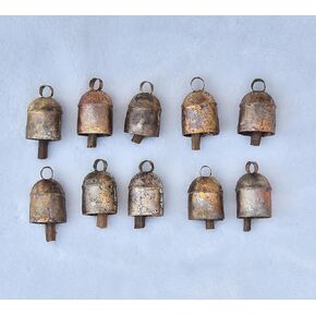 Pack of 5 Rustic Décor Vintage Christmas Decoration Ornaments Bells – Indian Décor Cow Bell for Craft – Small Tiny Mini Gold Tin Hanging Witch Bells – Jingle Bells for Crafts (2 Inch)
