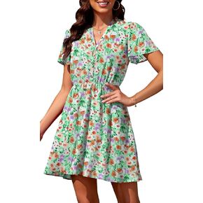 Summer Dress for Women 2024 Casual V Neck Short Sleeves Floral Chiffon Mini Dresses