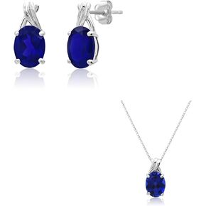 MAX + STONE 14k White Gold Blue Sapphire Oval Drop Twist Stud Earrings and Twist Setting Pendant Necklace for Women | 8mm x 6mm with Push Backs | 9mm x 7mm Birthstone with Adjustable Cable Chain