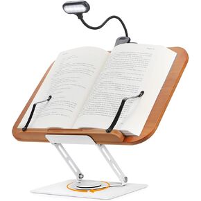 Book Stand for Reading Book Holder Hands Free, Adjustable Book Holder with Book Light 360° Rotating Base, Foldable Desktop Stand Cookbook Stand for Recipe, Sheet Music, Laptop