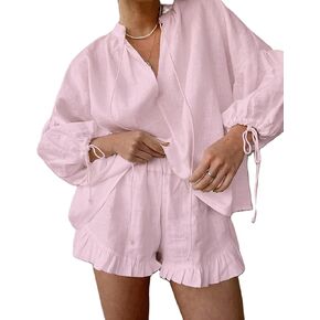 Mxiqqpltky Linen Shorts Sets Women 2 Piece Outfits Long Sleeve Tie Front Tops and Ruffled Boxer Shorts Matching Lounge Sets