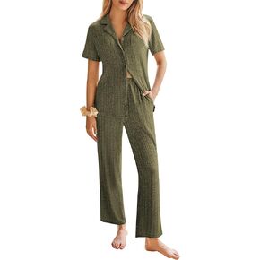 Ekouaer Womens Rib Knit Pajamas Button Up Lounge Sets Short Sleeve Top and Long Pants Matching Pjs Sleepwear Loungewear