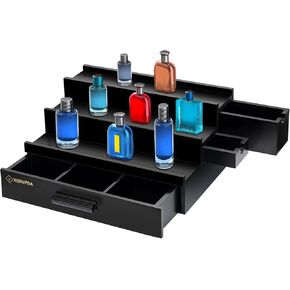 3-Tier Wooden Cologne Stand Organizer for Men with Elevated Display Shelf, Hidden Compartment Drawer Storage – Pine Wood Perfume Holder and Present for Men
