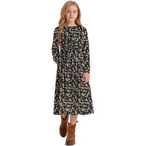 LaBeca Girls Casual Elastic Crew Neck Floral Printed Solid Color A-line Swing High Waist Midi Belted Dress with Pocket