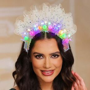 Zoestar Light Up Happy Birthday Crown Headband Silver Glowing Led Pearl Hair Bands Sparkly Birthday Party Hair Accessories Women