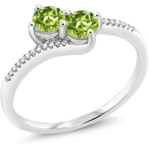 Gem Stone King 10K White Gold Forever United 2 Stone Green Peridot and Diamond Engagement Ring For Women (0.77 Cttw, Round, Avaiable in Size 5,6,7,8,9)