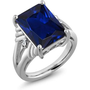 Gem Stone King 925 Sterling Silver Blue Created Sapphire and White Topaz Engagement Ring For Women (10.04 Cttw, Gemstone September Birthstone, Emerald Cut 14X10MM, Available in Size 5,6,7,8,9)