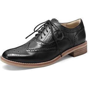 Leather Full Brogue Wingtip Oxfords for Women, Retro Perforated Detailing and Serrated Accents Lace Up Dress Shoes