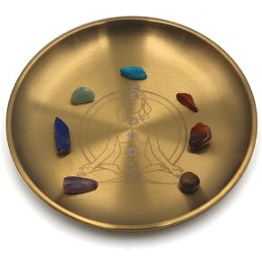 Gold Offering Prayer Ritual Bowl Plate With Chakra Gemstone Great for Altar,Meditation,Incense Sticks, smudging, Candle,Crystal,Jewelry,Yoga Use(Chakra)