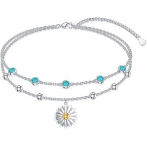 Genuine Turquoise Anklet with Daisy, Sterling Silver Summer Beach Dainty Bohemia Nature Gemstone Jewelry for Women, 9+2''