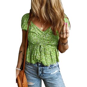 KINLONSAIR Womens Summer Cute Floral Printed Short Sleeve Blouses Casual V Neck Pleated Tie Front Boho T Shirts Tops