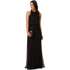Adrianna Papell Women's Halter Art Deco Beaded Blouson Dress, Black/Black