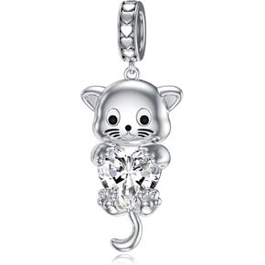 LONAGO Cat Charm with Birthstone Silver Cat Birthstone Bead Charm Gift for Women