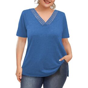 Plus Size Tops for Women Summer Trendy Short Sleeve Shirts Lace Crochet V Neck T Shirts Blouses Tunics Fashion Outfits