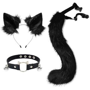 Furry Animal Cat Fox Tail Faux Fur Wolf Ear Headband Leather Neck Chocker Costume Set for Party Halloween Cosplay