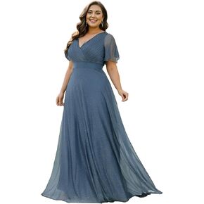 Ever-Pretty Plus Women's Plus Size V-Neck Long Shimmery Flutter Sleeve Pleated Evening Dress 50159