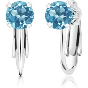 Gem Stone King 925 Sterling Silver Swiss Blue Topaz Clip On Earrings For Women (2.00 Cttw, Gemstone Birthstone, Round 6MM)