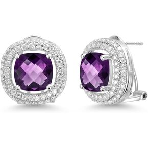 Gem Stone King 7.80 Cttw Cushion Amethyst and White Moissanite Post Clip Earrings For Women In 925 Sterling Silver | Gemstone Birthstone | Cushion 10MM