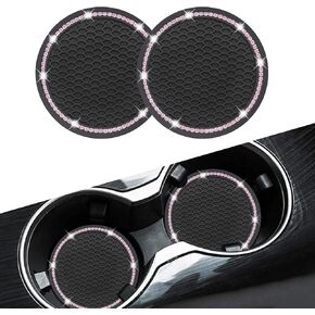 Car Coasters, Senose Bling Car Accessories for Women, Universal 2.75" Anti-Slip Silicone Cup Holder Coasters for Car, Cute Diamond Vehicle Interior Decor (Black Pink, 2 Pack)