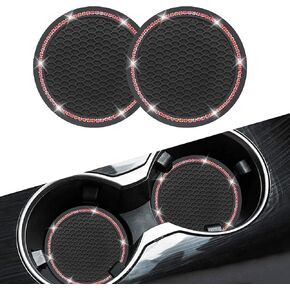 Car Coasters, Senose Bling Car Accessories for Women, Universal 2.75" Anti-Slip Silicone Cup Holder Coasters for Car, Cute Diamond Vehicle Interior Decor (Black Pink, 2 Pack)