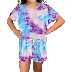 Girls Short Sets Shorts and Crop Top Set, Short Sleeve T-Shirt and Shorts Summer Outfits for Girls Kids Tie Dye Shirt