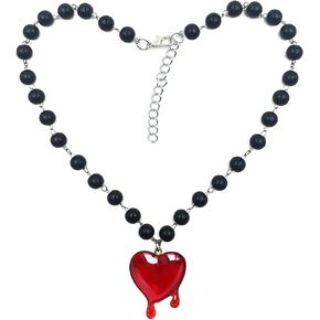 Y2k Dropping Blood Heart Necklace Gothic Red Heart Pendent Black Beaded Heart Necklace for Women