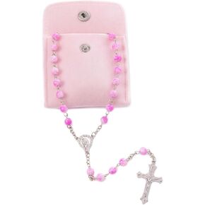 Rosary Beads Catholic for Women - Confirmation Gifts for Teenage Girl, Plum Blossom Bead Artificial Pearl Rosary Beads with Pink Velvet Pouch