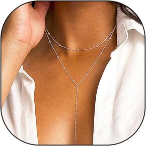 Layered Silver Beaded Necklaces for Women Teen Girls Dainty Gold Long Chain Link Necklaces Lariat Y Pendant Necklaces Fashion Jewelry Accessories