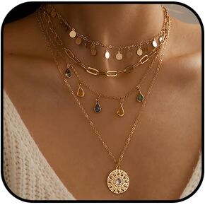 Boho Necklace for Women Layered Turquoise Necklace 18K Gold Plated Paperclip Long Y shape Western Necklaces Colorful Teardrop Pendant Necklace For Country Concert Beach Jewelry