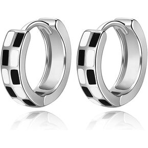 Cute Checker Small Hoop Earrings for Women Teen Girls Cartilage Dainty Sterling Silver Plated Black White Enamel Round Circle Huggie Hoops Hypoallergenic Hooped Fashion Trendy Jewelry Gifts 10mm