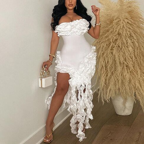 فستان نسائي مكشكش بدون حمالات بدون أكتاف مكشوفة الأكتاف وفخذ مكشكش وحاشية غير منتظمة فستان ميدي فلوي in Kuwait