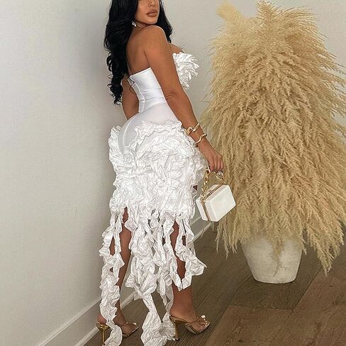 فستان نسائي مكشكش بدون حمالات بدون أكتاف مكشوفة الأكتاف وفخذ مكشكش وحاشية غير منتظمة فستان ميدي فلوي in Kuwait