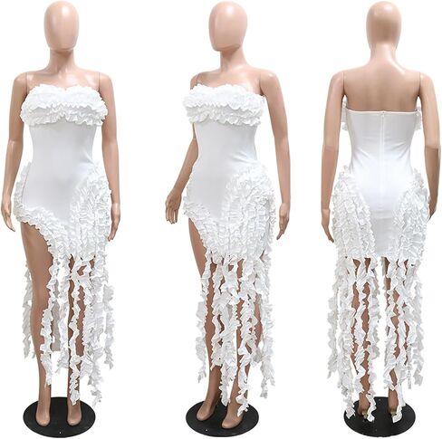 فستان نسائي مكشكش بدون حمالات بدون أكتاف مكشوفة الأكتاف وفخذ مكشكش وحاشية غير منتظمة فستان ميدي فلوي in Kuwait