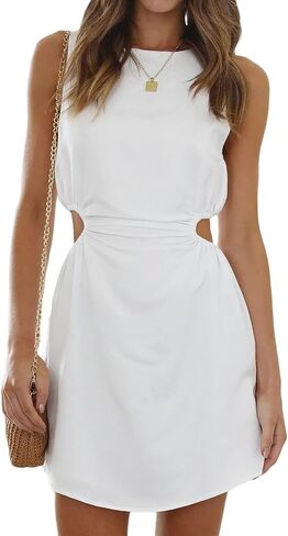 Dellytop Women Cut Out Short Dress Summer Sleeveless Crew Neck Hollow Waist Mini Cute Zipper Dresses in Saudi Arabia