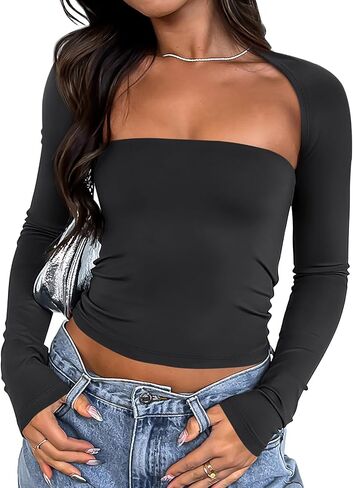 Trendy Queen Womens Long Sleeve Shirts Going Out Tops Shrug Tube Crop Top Basic Cute 2024 Fall Outfits Fashion Clothes in Saudi Arabia