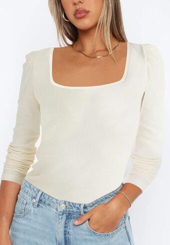 Allimy Women's Long Sleeve Basic Tees Square Neck Ribbed Slim Fit Long Sleeve Tops Shirts Fall Clothes in Saudi Arabia