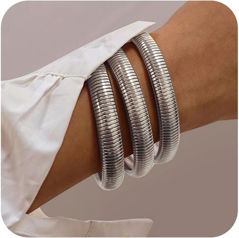 3Pcs Chunky Gold Bangles for Women Stretch Bangles Bracelets 18K Gold Plated Stainless Steel Flexible Snake Chain Wide Wristband Stack Layered Bangle Bracelets 8/10mm in Saudi Arabia