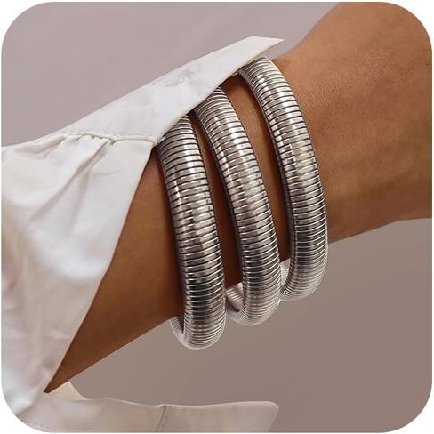 3Pcs Chunky Gold Bangles for Women Stretch Bangles Bracelets 18K Gold Plated Stainless Steel Flexible Snake Chain Wide Wristband Stack Layered Bangle Bracelets 8/10mm in Saudi Arabia