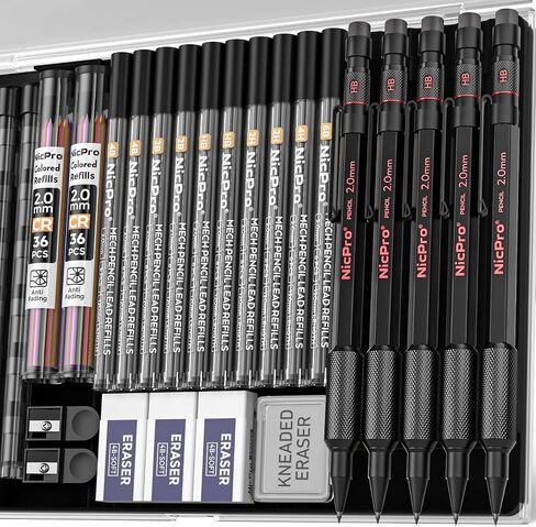 Nicpro 3 Pack 2mm Mechanical Pencils Set with Case, 33 Graphite Lead Refills (4B 2B HB 2H 4H), 36 Colored Lead, Erasers -Weatherproof Metal Barrel, Heavy Duty Carpenter Pencil For Drawing Sketching in Saudi Arabia
