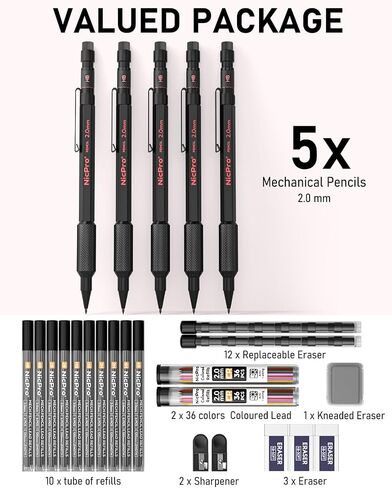 Nicpro 3 Pack 2mm Mechanical Pencils Set with Case, 33 Graphite Lead Refills (4B 2B HB 2H 4H), 36 Colored Lead, Erasers -Weatherproof Metal Barrel, Heavy Duty Carpenter Pencil For Drawing Sketching in Saudi Arabia