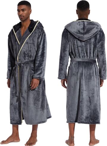 Mens Fleece Hood Robe-Bath Robe for Men-Mens Sleepwear Flannel Warm Double Contrasts with Hood in Saudi Arabia