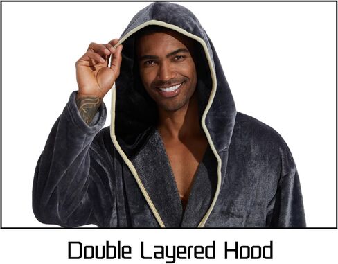 Mens Fleece Hood Robe-Bath Robe for Men-Mens Sleepwear Flannel Warm Double Contrasts with Hood in Saudi Arabia