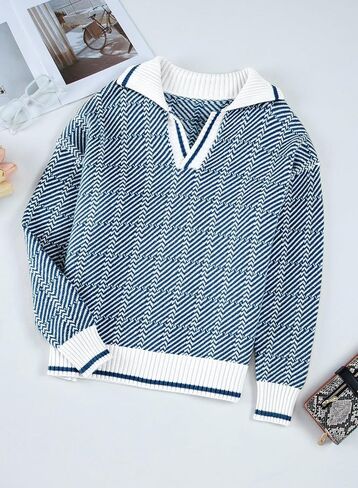 EVALESS Womens Lapel V Neck Color Block Striped Sweaters Drop Shoulder Long Sleeve Pullover Tops in Saudi Arabia