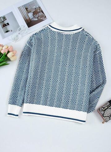 EVALESS Womens Lapel V Neck Color Block Striped Sweaters Drop Shoulder Long Sleeve Pullover Tops in Saudi Arabia