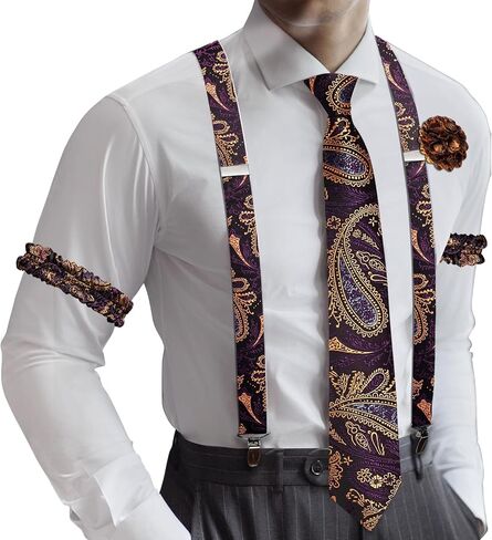 Barry.Wang Men's Suspender Elastic X Back Tie Sets 1.38" 4 Heavy Duty Clips Adjustable Armband Brooch Wedding Party in Saudi Arabia